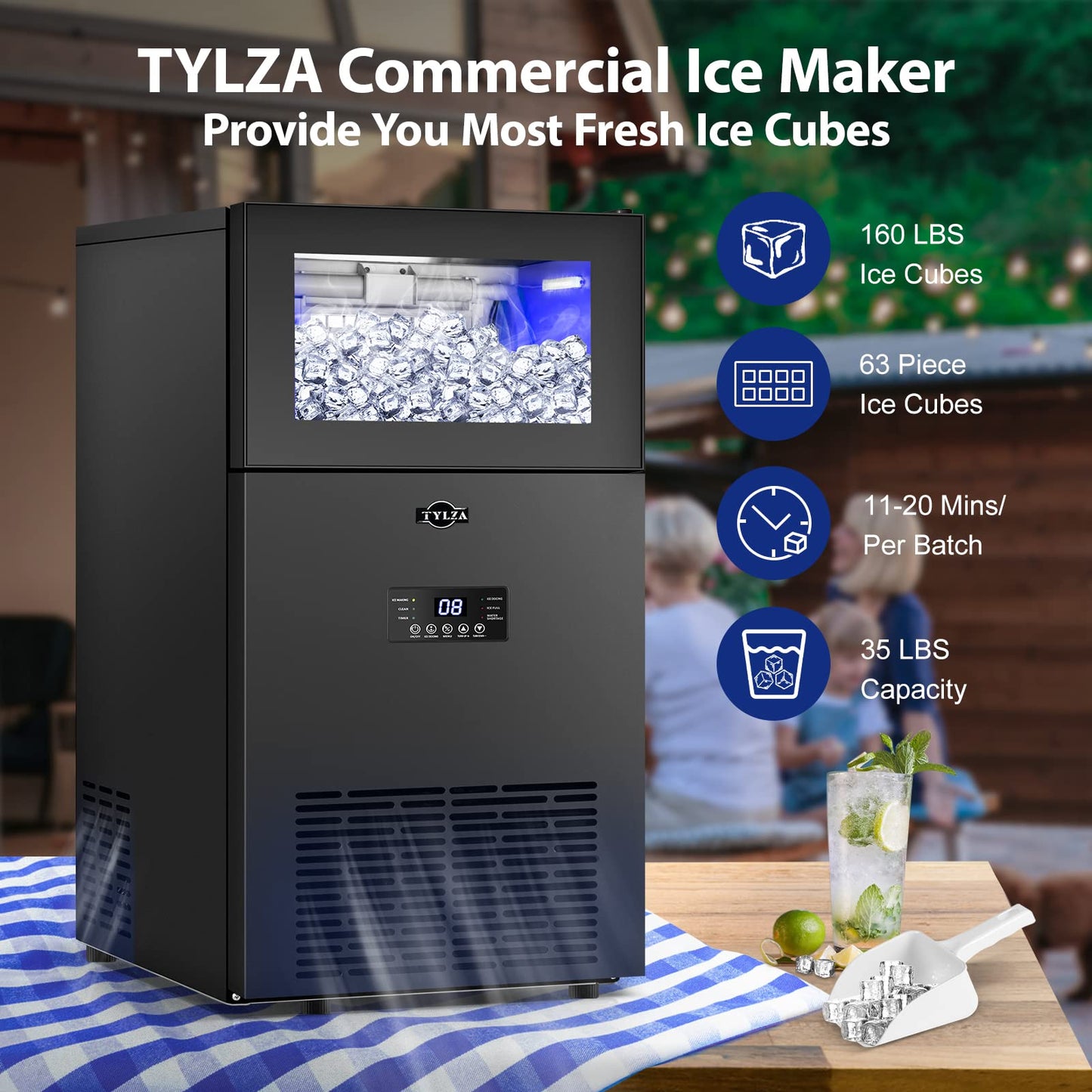 Commercial Ice Maker Under Counter, 170LBS/24H with 35LBS Ice Storage Capacity, 15 Inch Wide Stainless Steel Commercial Ice Machine Freestanding/Built-in Large Ice Machine
