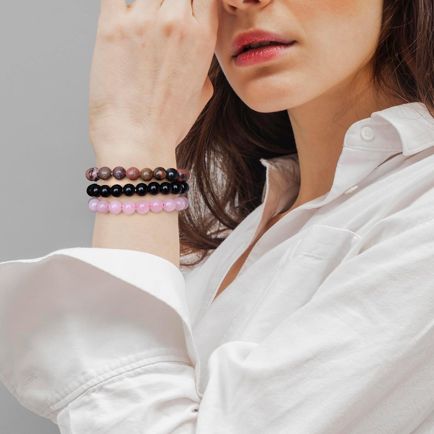 Risyfjew 3 PCS Women Healing Crystal Bracelets 8mm Natural Stone Beaded Stretch Bracelet Rose Quartz Rhodonite Jewelry Gifts
