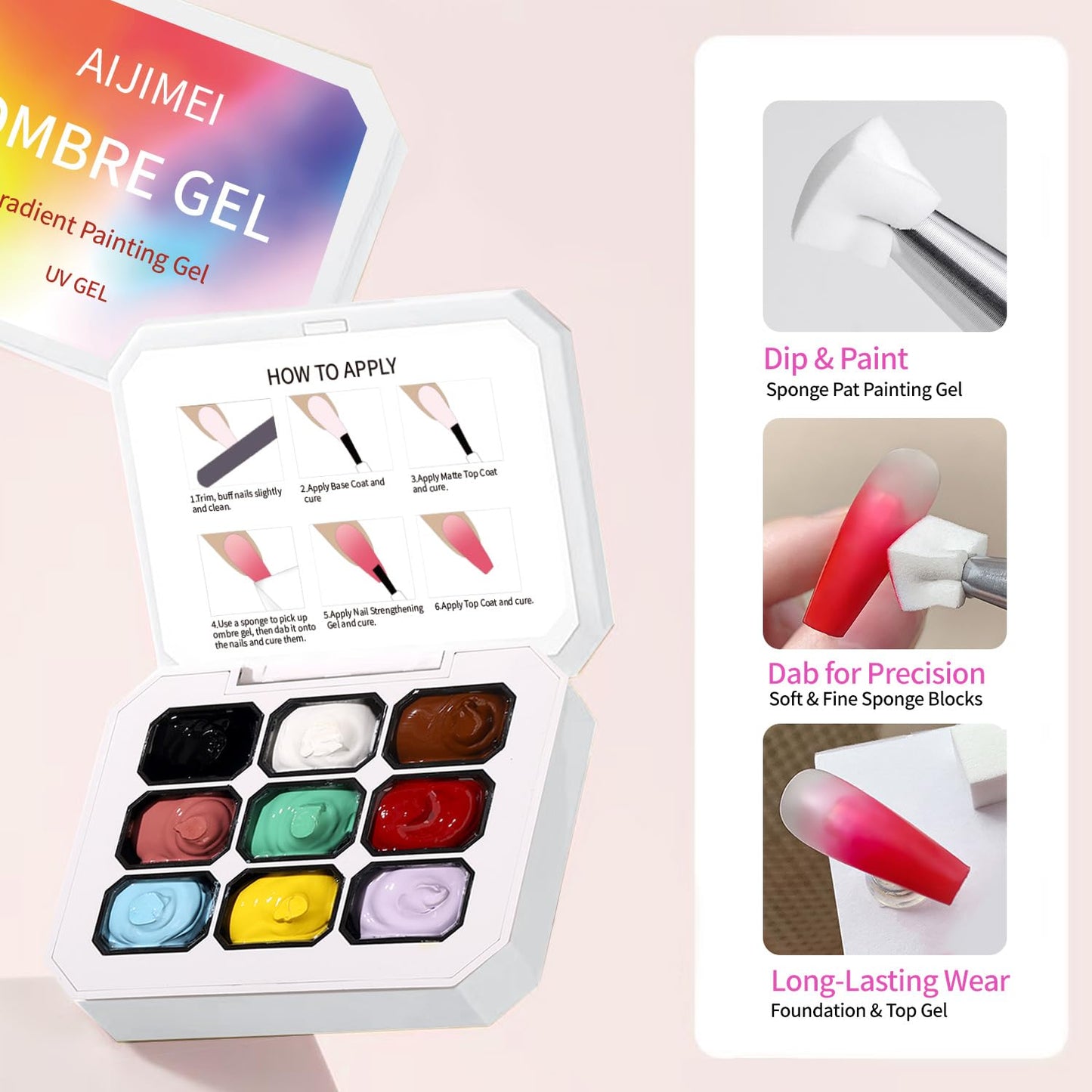 AOBOO Ombre Nail Polish Professional Gradient Nail Art 9 Color Pat Painting Gel With 100PCS Nail Sponges & Grabbing Pen For Efficient Completion Of Painting Gel For Nail Art Complex Design (1)