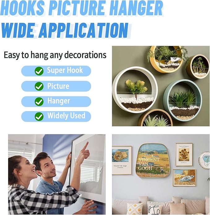 FURHUA 30pcs Black Super Hook Picture Hangers and Office Pack, Drywall Hooks for Hanging Pictures, Wall Hooks, Picture Hangers, Picture Hanging Kit，Hang Art, Clock, Shelves, Mirrors