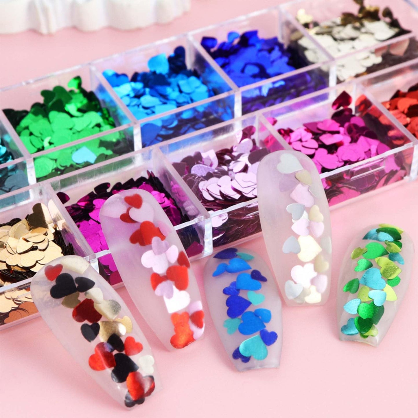 2Box Heart Nail Stickers Glitter Decal Valentine’s Day Nail Glitter Sequins 3D Holographic Laser Nail Sequins Colorful Nail Glitter Flakes Love Nail Sequins Design for Women Acrylic Nails Accessories
