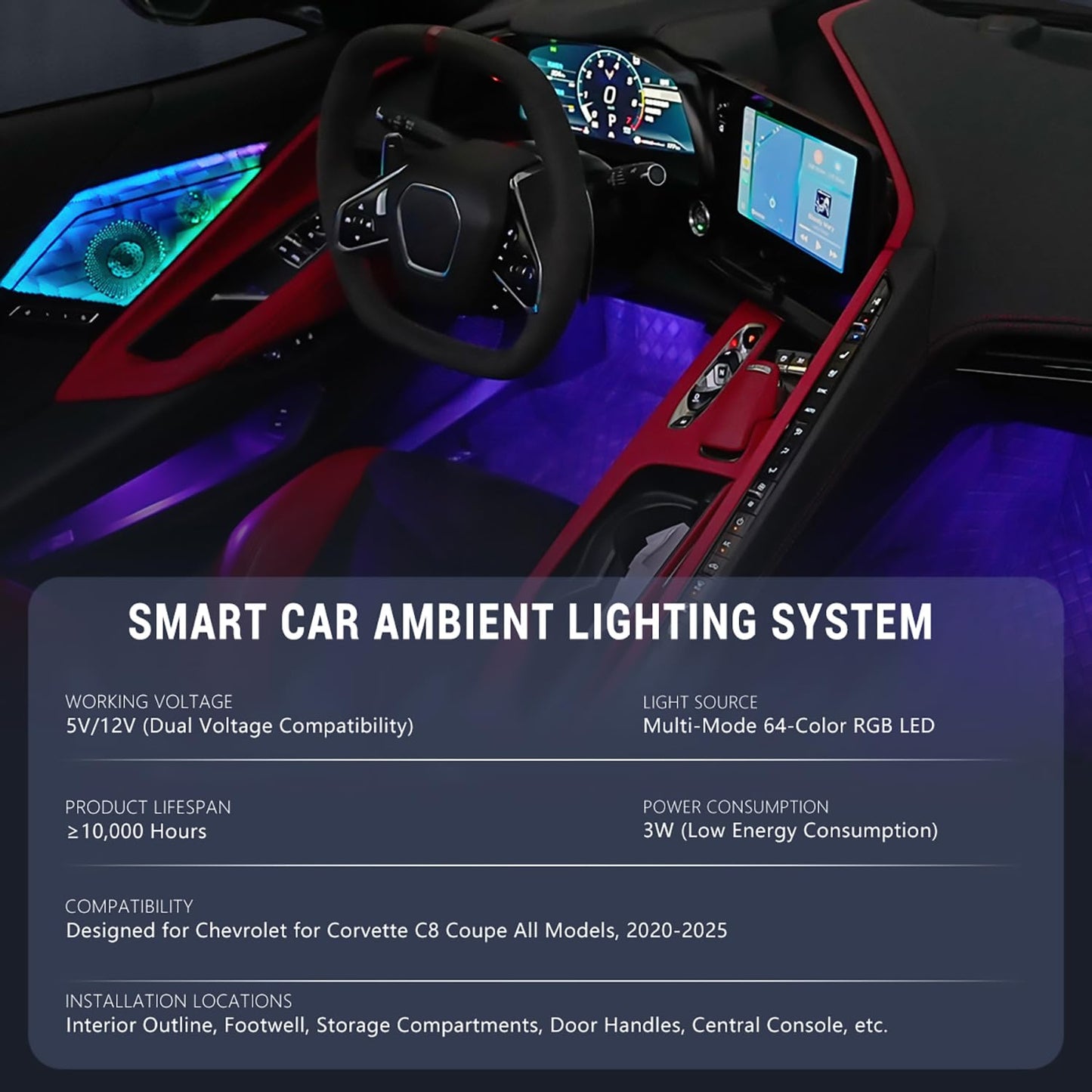 BILLFARO Door Speaker Relays Cover with LED RGB Ambient Light,Atmosphere Door Storage Box Lamps Foot Lights for Corvette C8 Stingray Z51 2020+ for Z06/E-ray 2023+,Voice APP Button Switch