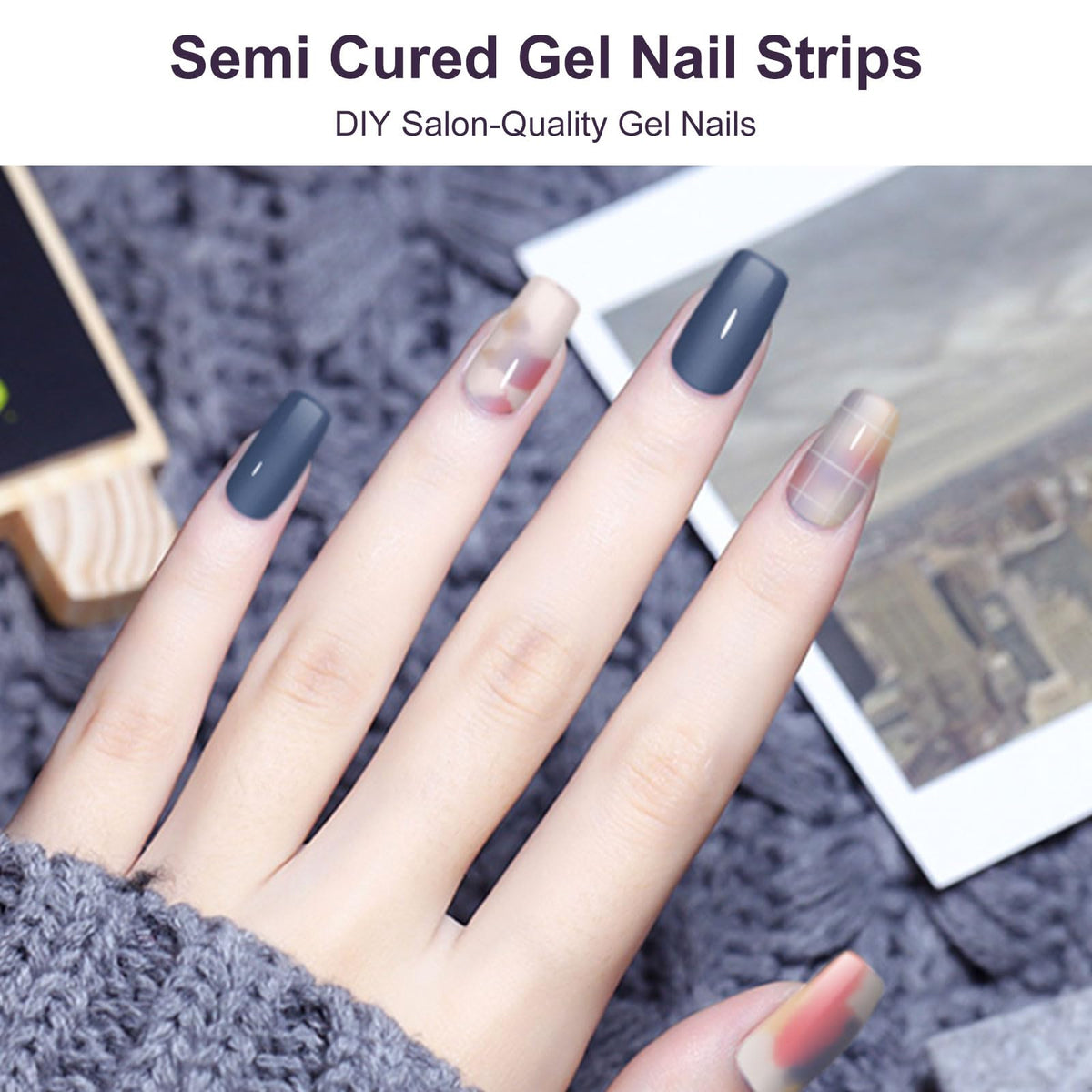 DUKASOU Semi Cured Gel Nail Strips,28 pcs Street Color Gel Nail Stickers with UV Light Required,Long Lasting Nail Art Stickers, Easy to Apply（Cream Blue）