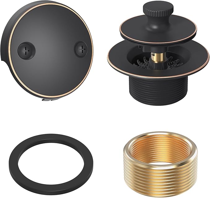 Oil Rubbed Bronze Tub Drain Trim Set Conversion Kit Assemblyï¼All Brass Lift & Turn Bathtub Drain Replacement Trim Kit with Two-Hole Overflow Faceplate and Universal Fine/Coarse Thread