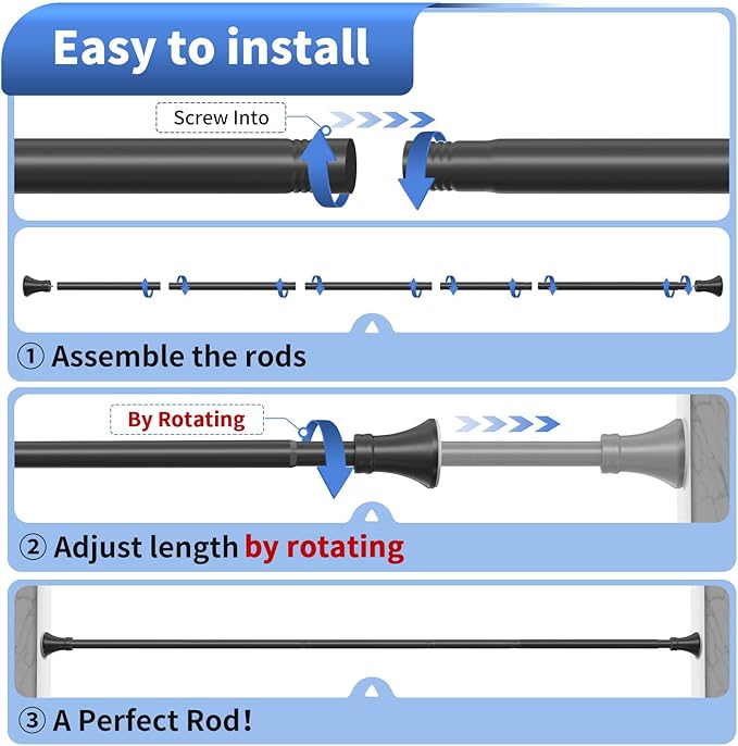 YNL Matte Black Shower Curtain Rod 36-94 Inch(3-7.8ft), No Slip No Drill No Rust Shower Rod For Bathroom Window Patio, Adjustable Spring Long Tension Rod