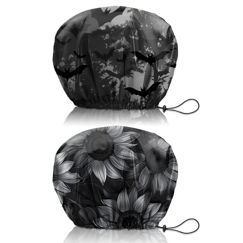 Cabreche 2 PCS Shower Cap Reusable Waterproof Double Layers Hair Caps Shower Bath Adjustable Elastic Hat for Women Girls Cute Aesthetic-Bat Sunflower