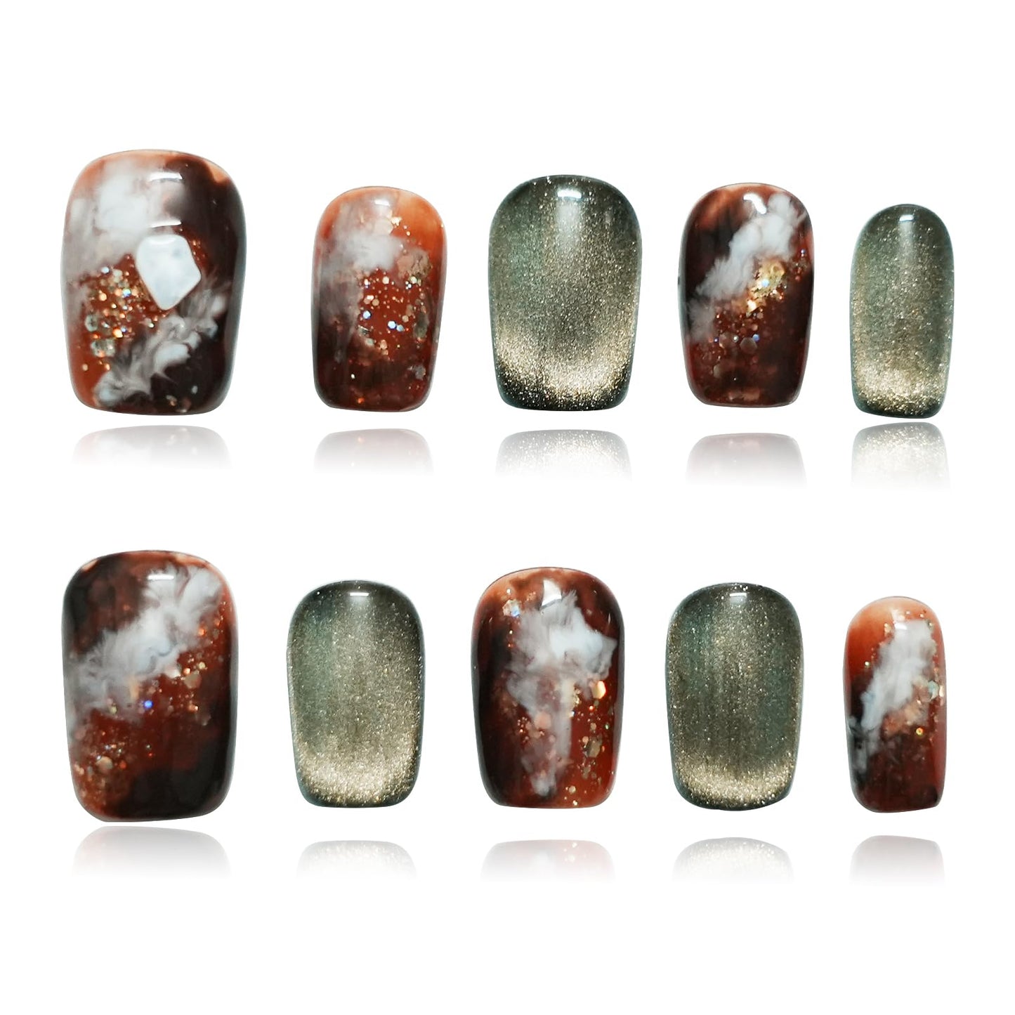 Tesytto Dark Green Cat Eye Short Press On Nails Coffin, Watercolor Marble Ombre with Amber Glitter, Handmade 3D Fake Nails for Spring Summer, Party & Vacation (Medieval Fantasy,L)