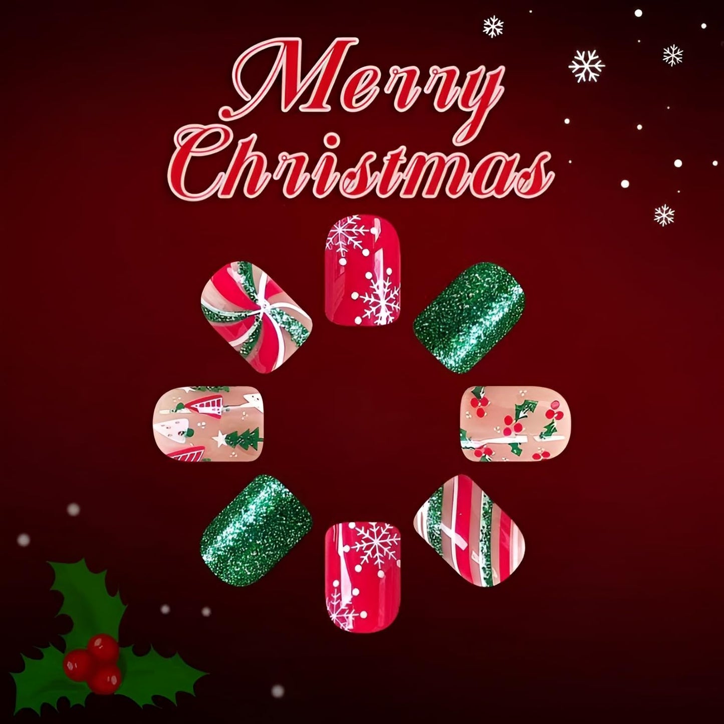 Christmas Press on Nails Short Green Red Fake Nails with Snowflake Design Holiday Nails Press ons Christmas Tree Glue on Nail Glitter Stick on Nail Christmas False Nail for Women Girls 24Pcs