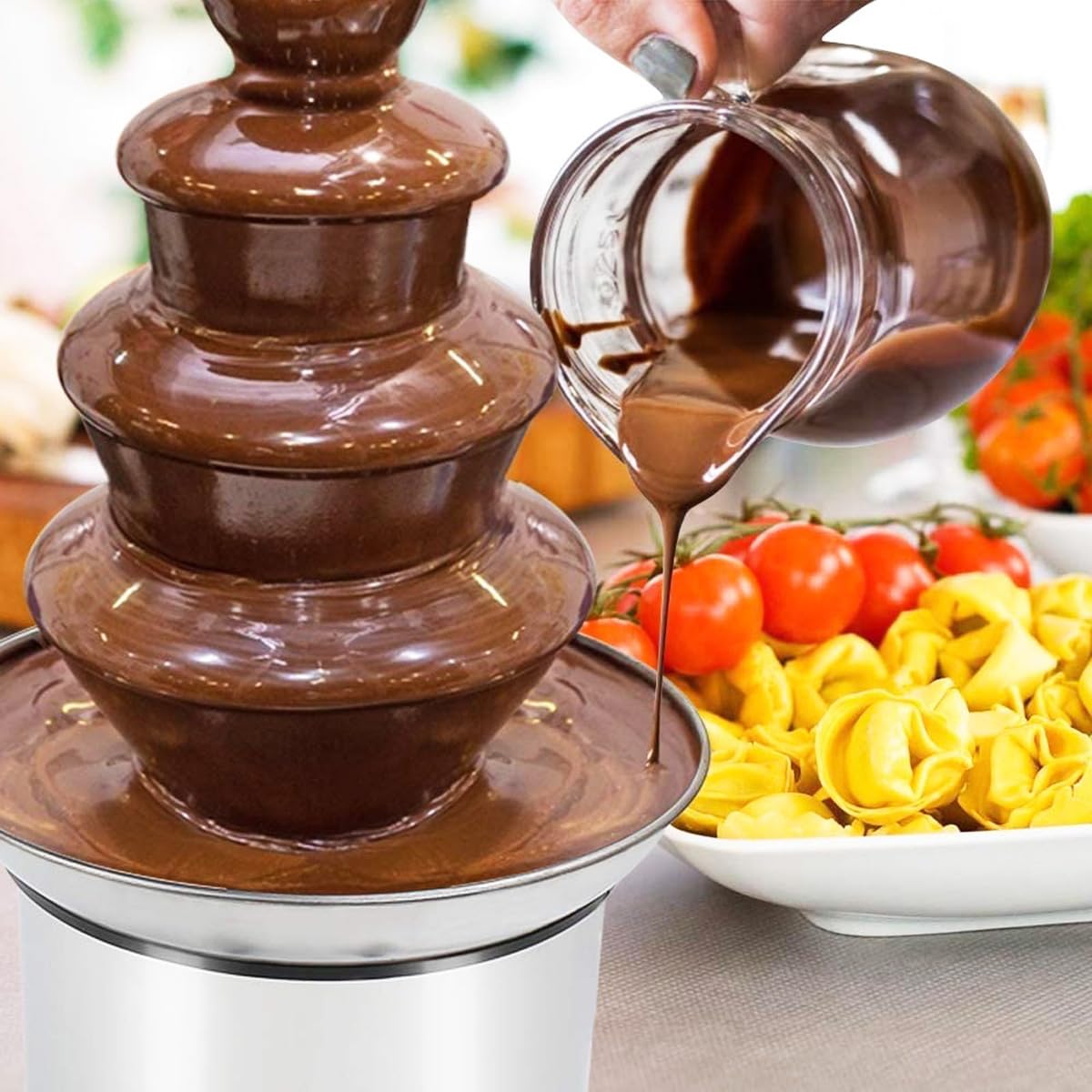 INTBUYING Chocolate Fountain, 4 Tier Electric Chocolate Fountain Machine, Stainless Steel Hot Fountain Machine, 110V for Melting Heating Chocolate, Cheese, Dipping Strawberries, Vegetables