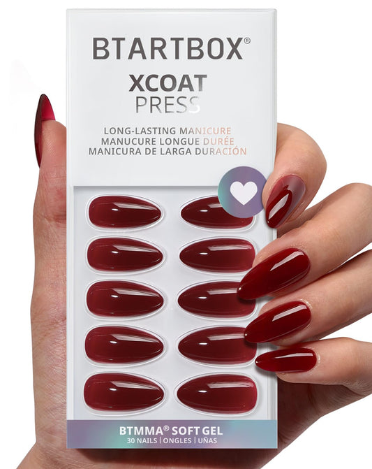 BTArtbox Press On Nails Almond - Lamp-Curable Dark Red Medium Press On Nails with Glue for Women, Semi-Transparent Soft Gel Glue On Nails in 16 Sizes - 32 Stick On Nails Kit, Blackout