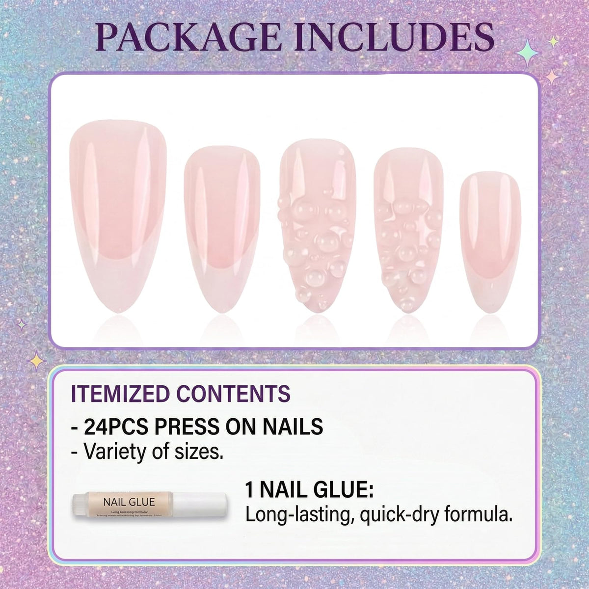 IMSOHOT Almond Press on Nails, Medium Fake Nails, Nude Pink French 3D Water Drop Design, 24 Pcs Reusable Glue on Nails for Women, Salon Quality
