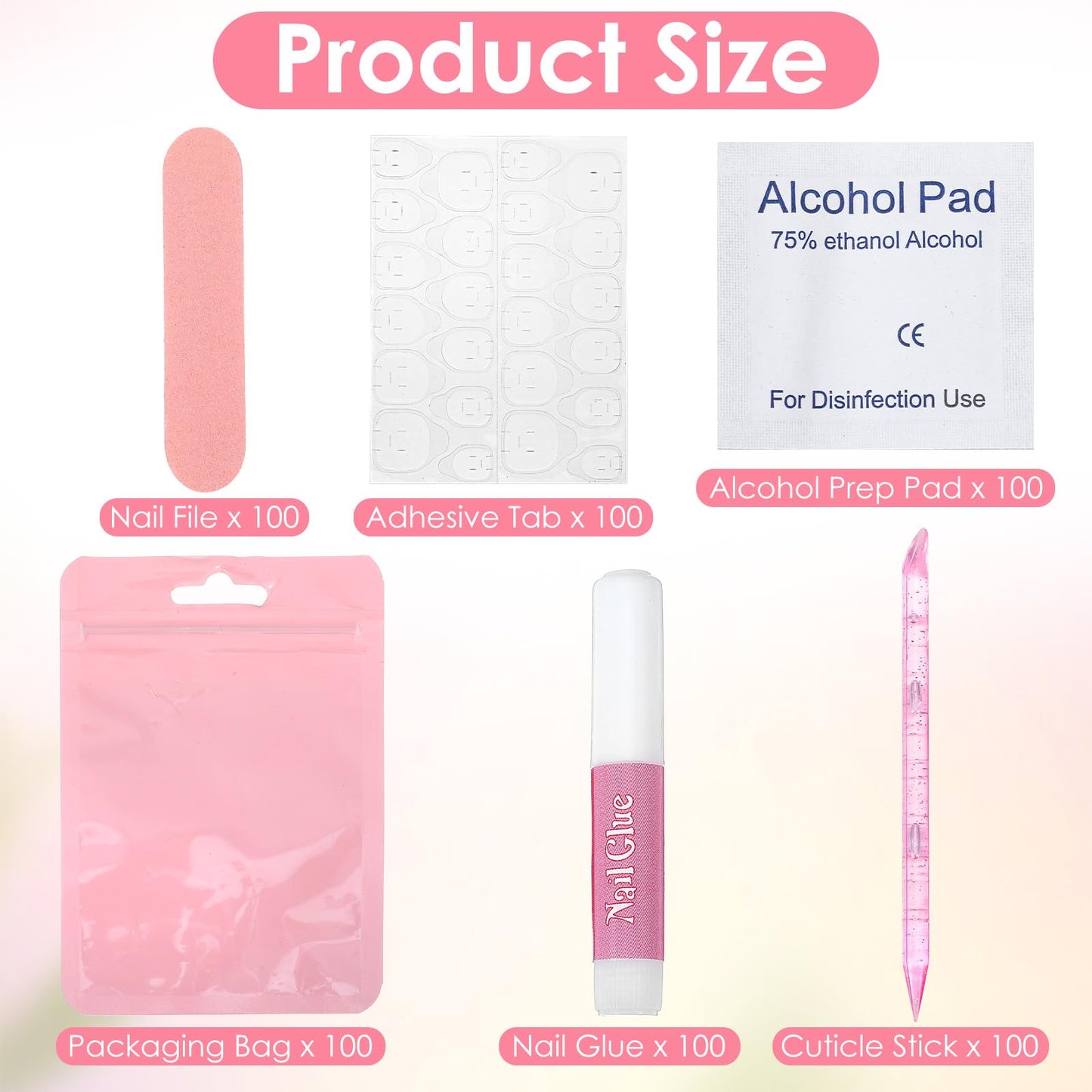 100 Pcs Pink Press On Nail Tool Kit for Business - Prep Application Disposable Kit with File, Glue, Prep Pads, Adhesive Tabs, Wood Stick, Holographic Bag