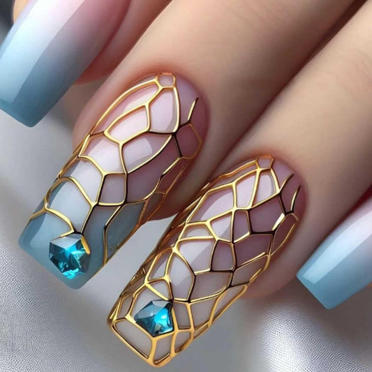 Gifiky Long Coffin False Nails Snake print Gradient Press on Nails Cute Gradient Nails Tips Acrylic Full Cover Fake Nails for Women and Girls 24Pcs