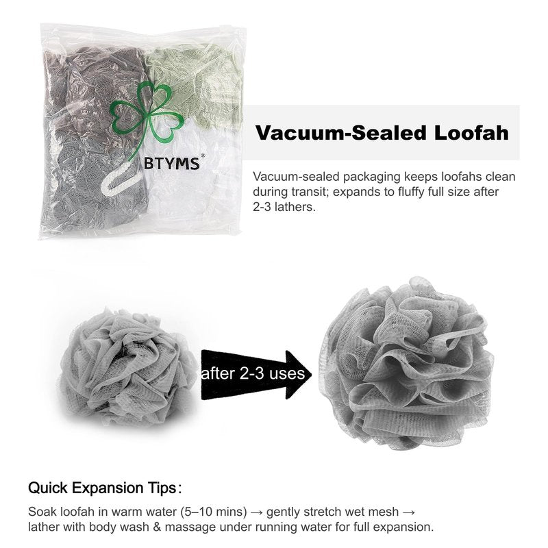 BTYMS XXL Large Loofah 100g/pc, Exfoliating Bath Sponge Body Scrubber Mesh Pouf Bath Scrunchies Shower Puffs - Pack of 4