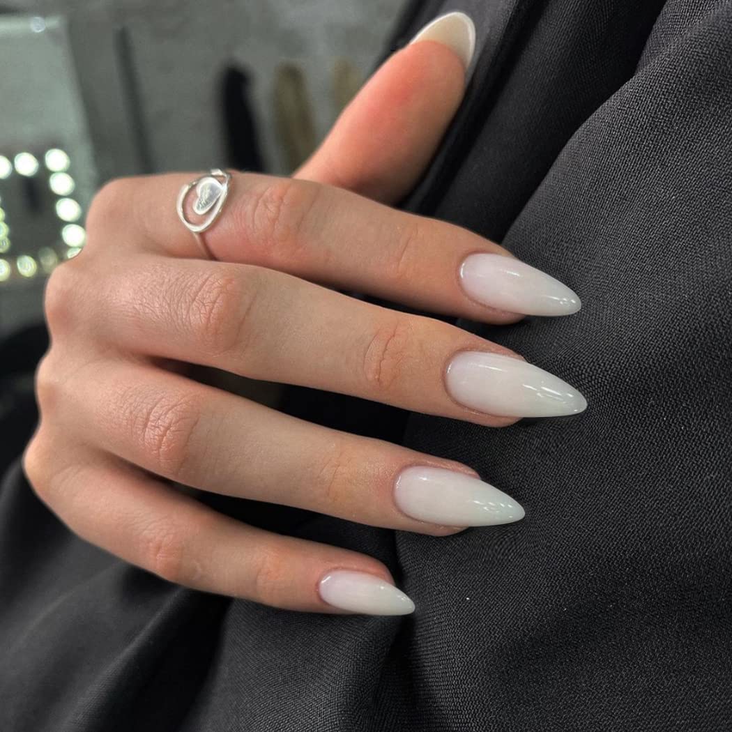 All White Press on Nails Medium Stiletto Almond,KQueenest Pure Color Acrylic Nails Set Reusable Fake Nails with Feature Protective UV Coating for Women Nail Art Manicure in 24 Pieces