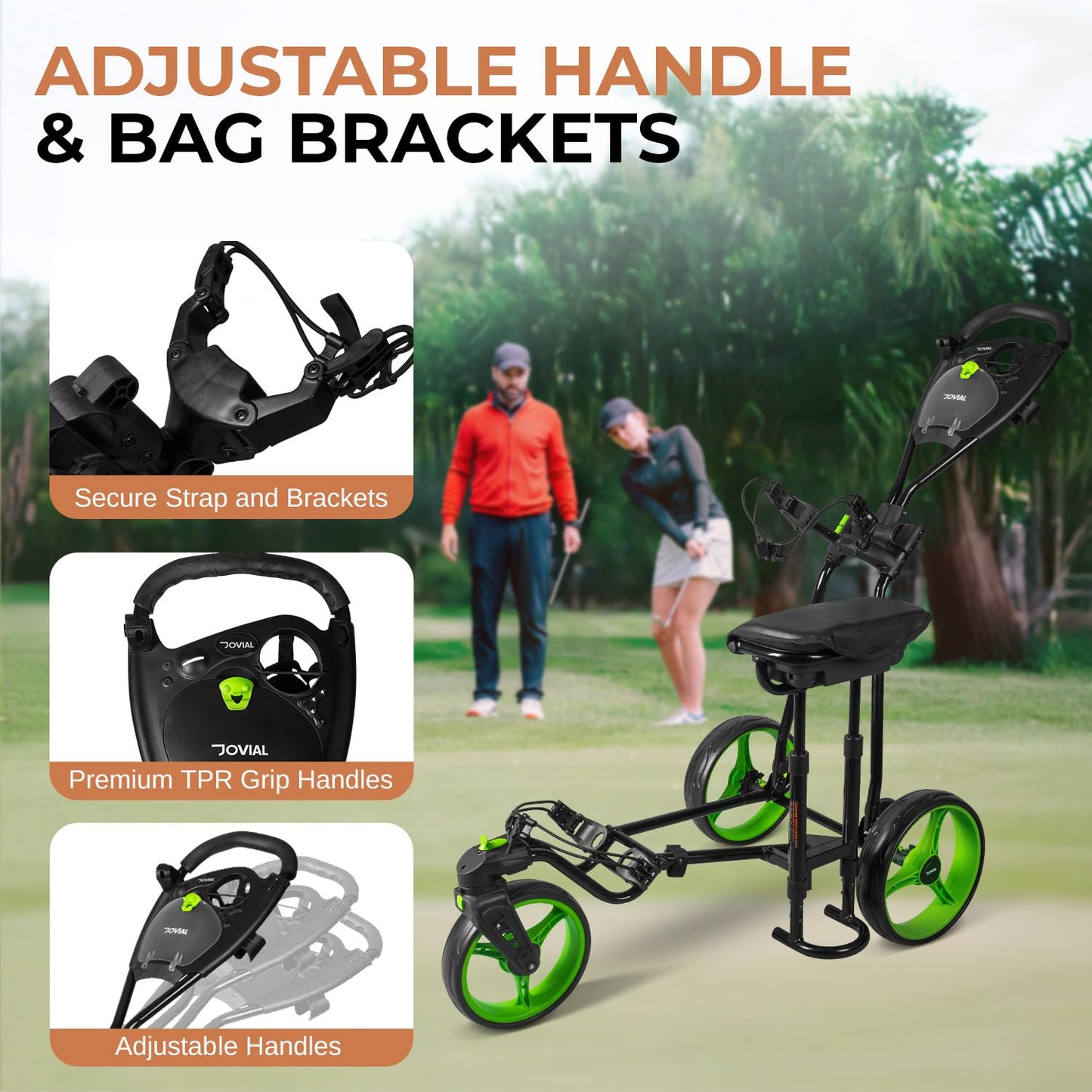 JOVIAL Golf Push Cart 3 Wheel - Lightweight Steel Frame Foldable Golf Bag Cart with Padded Adjustable Handle, Quick Brake System, Deluxe Scorecard Holder, Patented Bag Holder for Different Terrain