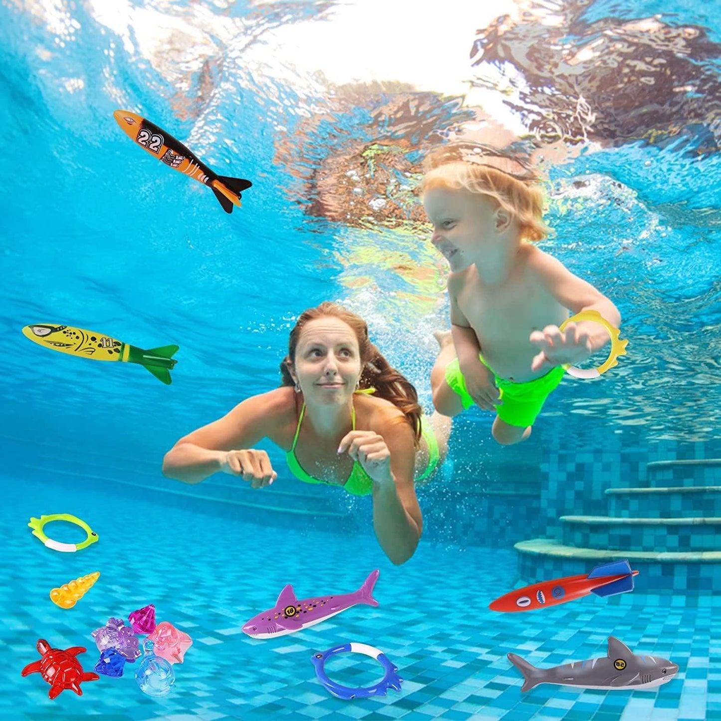 20Pcs Summer Pool Diving Swimming Toys for Kids Ages 3-12, Fun Swim Games Sinking Set, Underwater Dive Gifts with Storage Bag Include Torpedo Gems Shark Rings Sea Animals for Boys Girls Toddlers