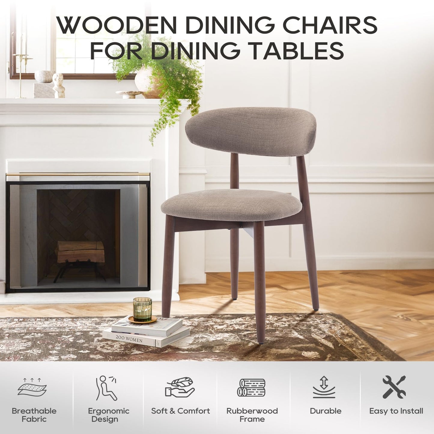 COLAMY Wooden Dining Chairs Set of 2, Modern Fabric Upholstered Dining Room Chair, Farmhouse Kitchen Chair with Foot Pegs, Camel
