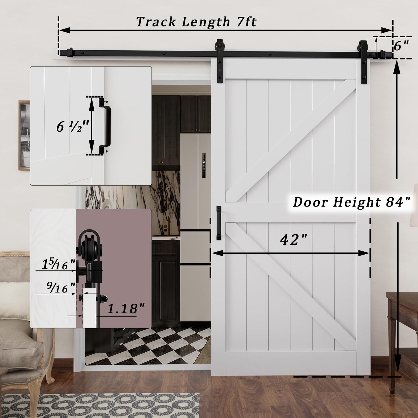 JUJUBON 42in x 84in Sliding Barn Door with 7FT Barn Doors Hardware Track Kit Included, Heavy Solid Water-Resistant Anti-Scratch MDF Wood Barn Door, Simple DIY Assembly, Easy to Install, K-Frame, White