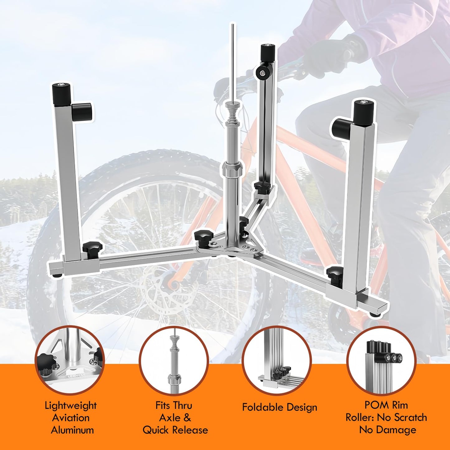 Moroayop Wheel Weaving Stand for Bike Repair – Smooth 360° Rotating Bike Wheel Truing Stand, Foldable Aluminum Alignment Tool with Rim-Safe Rollers, Fits MTB, Road & 700C (Thru Axle & QR)