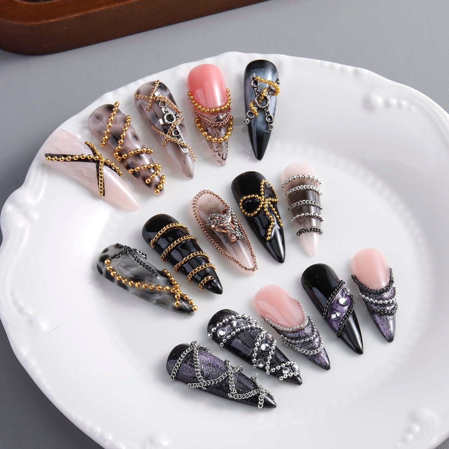 12 Strips Metal Chain Nail Art Charms, 3D Gold Silver Dark Gray Nail Chains Punk Alloy Nail Rivets Jewelry for Women Gothic Manicure Accessories DIY Crafts Decorations