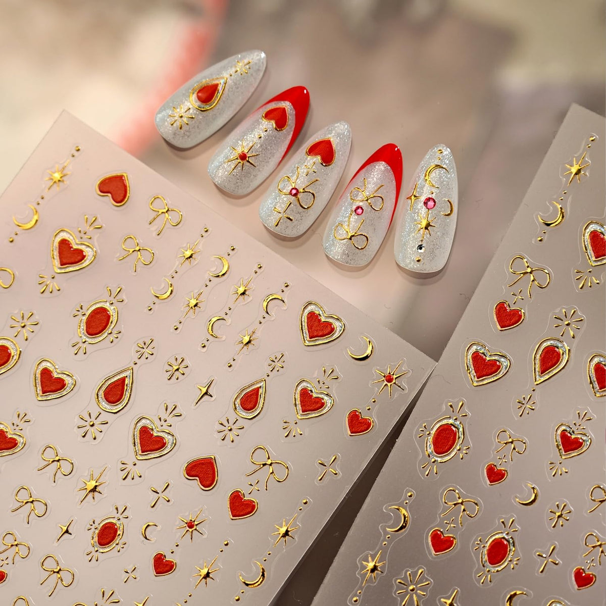 Gold Moon Star Nail Art Stickers 5D Embossed Red Heart Nail Stickers for Nail Art Bow Nail Decals Gold Nail Design Star Nail Supplies for Women Girls DIY Manicure Decoration