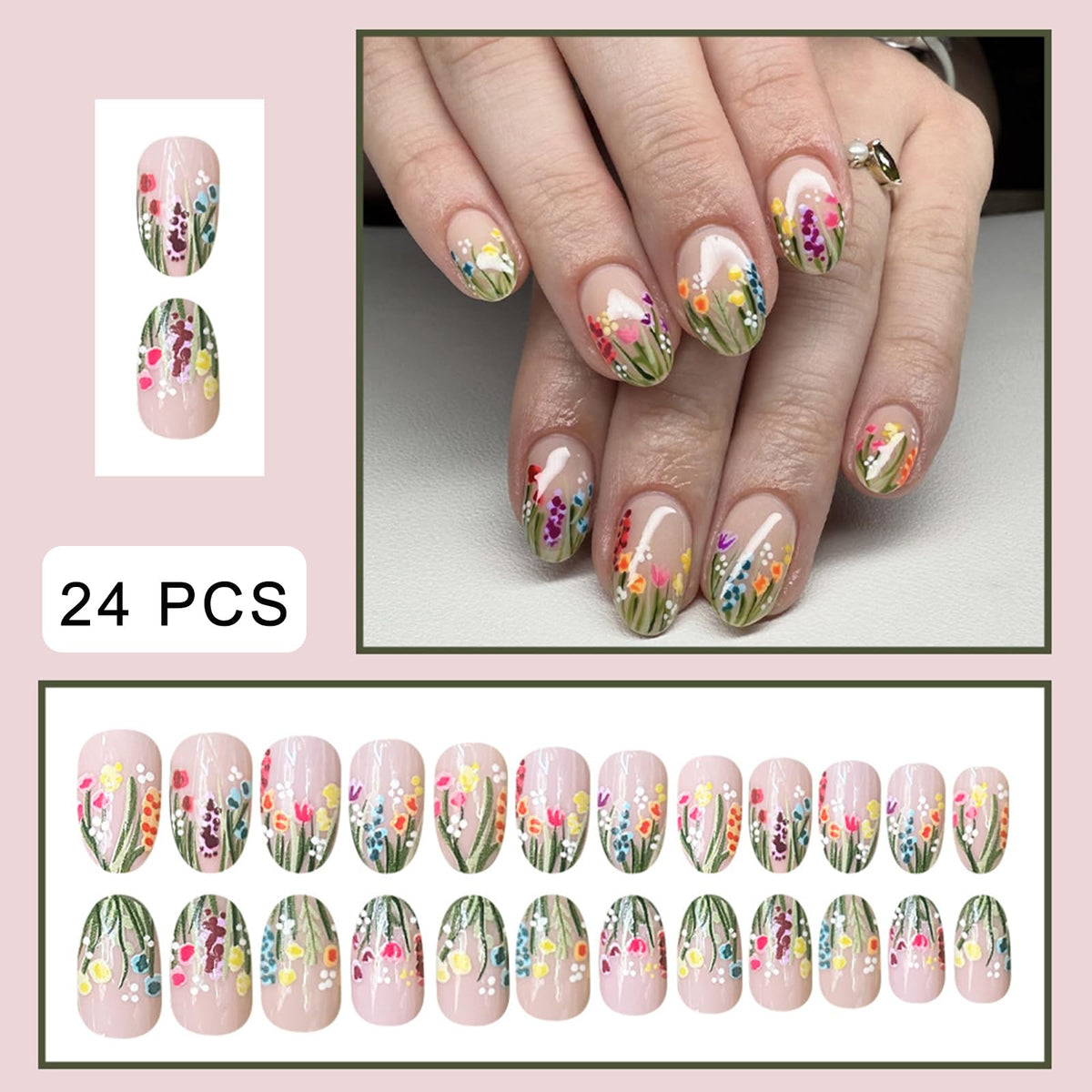Sunflower French Press on Nails Short Almond Fake Nails Purple Lavender False Nails with Green Flower French Design Glossy Spring Stick on Nails for Women Girls Manicure Decoration 24 pcs