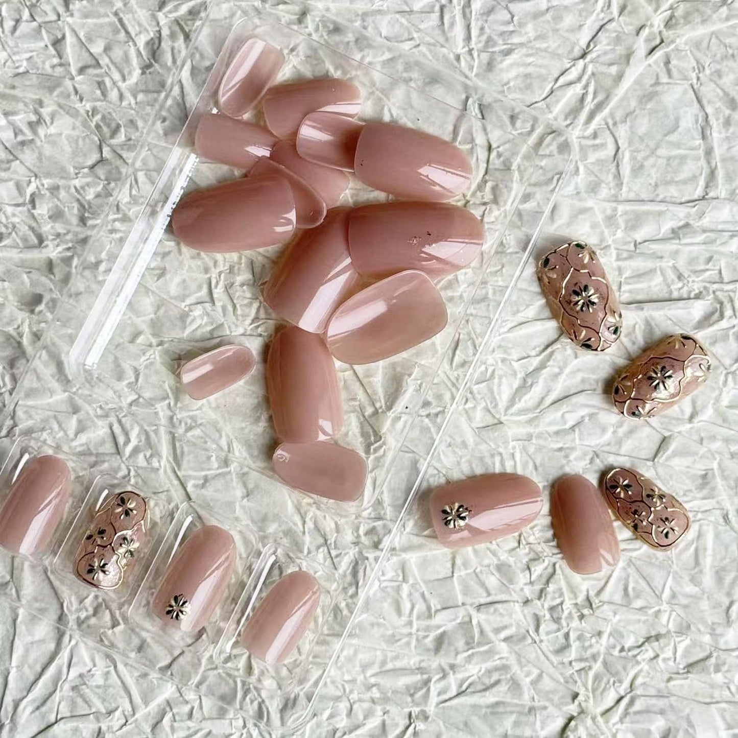24pcs Nude Press on Nail Short Almond Fake Nails with Flower designs Full Cover Gold Foil Stick on Nail Glossy Luxury Press ones for Women Work Manicure