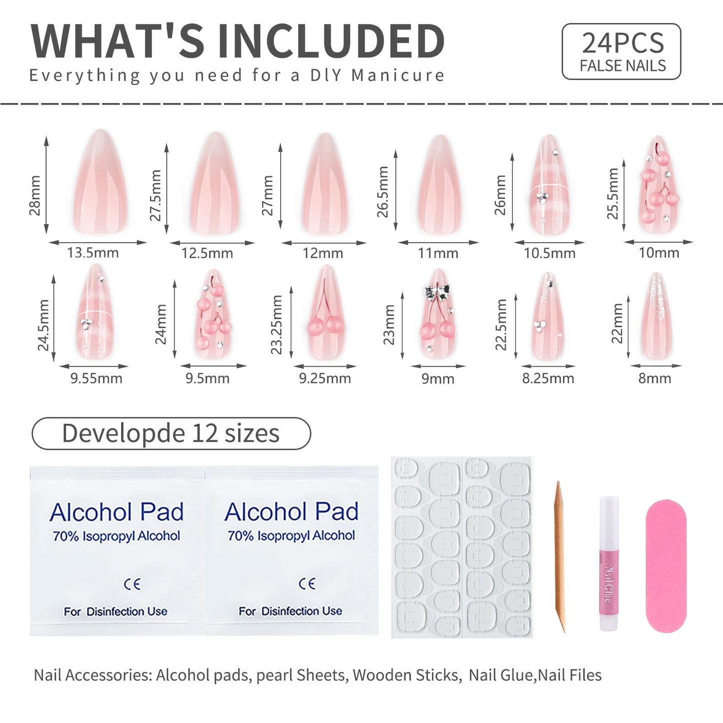 Mivota Press On Nails Almond Long, Pink Cherry 3D Rhinestone Design, Glossy Acrylic Fake Nails, Reusable Stick On Nails Set 24pcs, Cute Luxury Nail Art for Women, Party Wedding Manicure