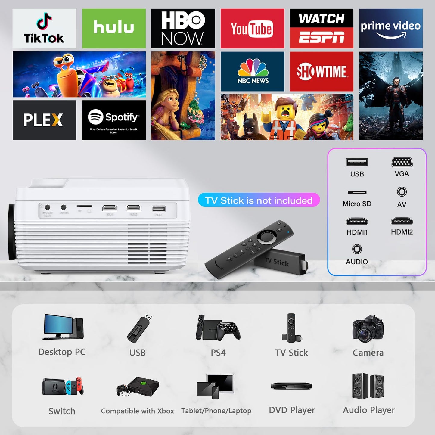 Full HD WiFi Bluetooth Projector Built in DVD Player, 12000LM 1080P Supported, Portable Mini DVD Projector for Outdoor Movies, 250" Home Theater, Compatible with iOS/Android/TV Stick/PS4/HDMI/USB/TF