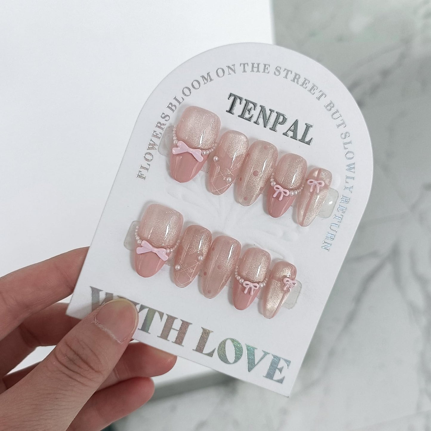 TENPAL Cute Sweet Handmade Press on Nails Almond,Ballet Butterfly Cat Eye Nude Pink Ombre French Tips Fake Nails with Tools, Reusable Spring Polka Dot Bow Pearl False Nails for Women 10pcs(L)