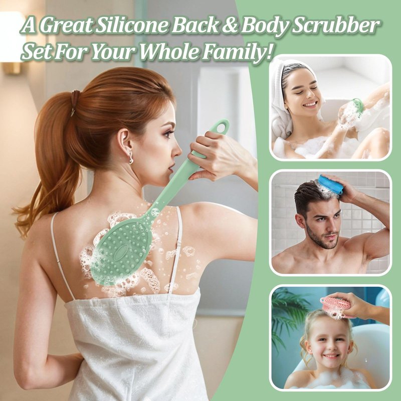 GEENOA Silicone Back Scrubber & Bath Glove Set 2PCS, 13.4'' Gentle Shower Back Scrubber with Dual-Side Head Non-Slip Handle, 360° Anti-Slip Hand-fit Bath Glove for Rich Foaming Deep Cleaning(Green)