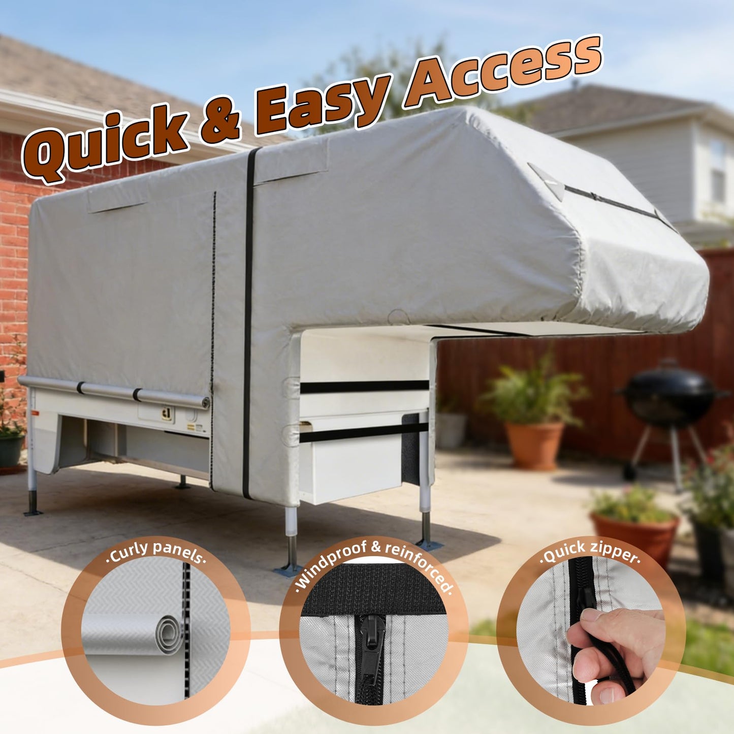 Truck Camper Cover for 10-12FT, Silver - Coated 300D Waterproof Oxford for Slide-in Campers, with Side Zippers and Vents for All-Season Protection