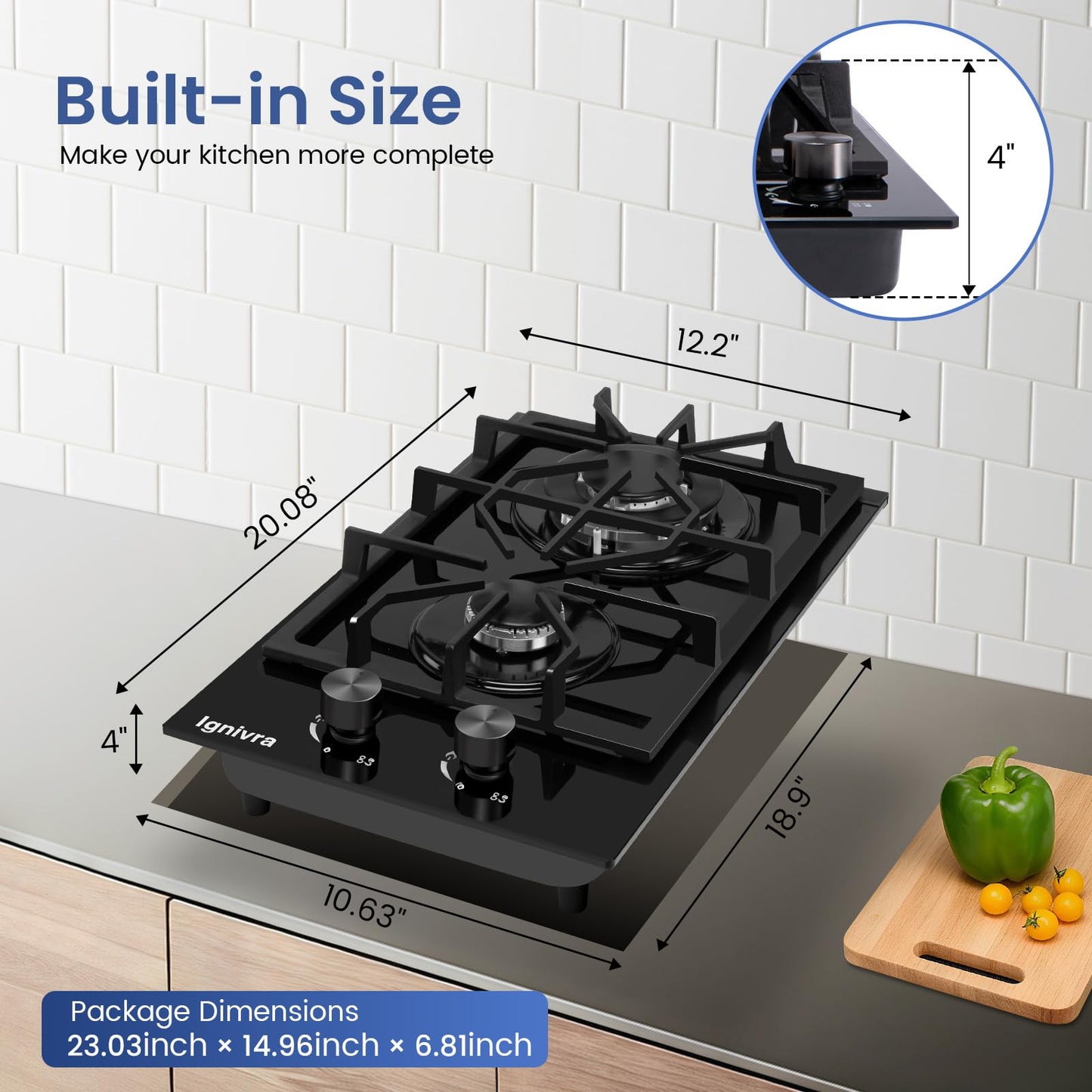 Ignivra Gas Cooktop 4 Burners, 12000W Built-in Gas Stove, Black Crystal Tempered Glass Propane Cooktop, 24x20" Top Propane Stove Indoor LPG/NG Dual Fuel Hob for Apartment Kitchen RV