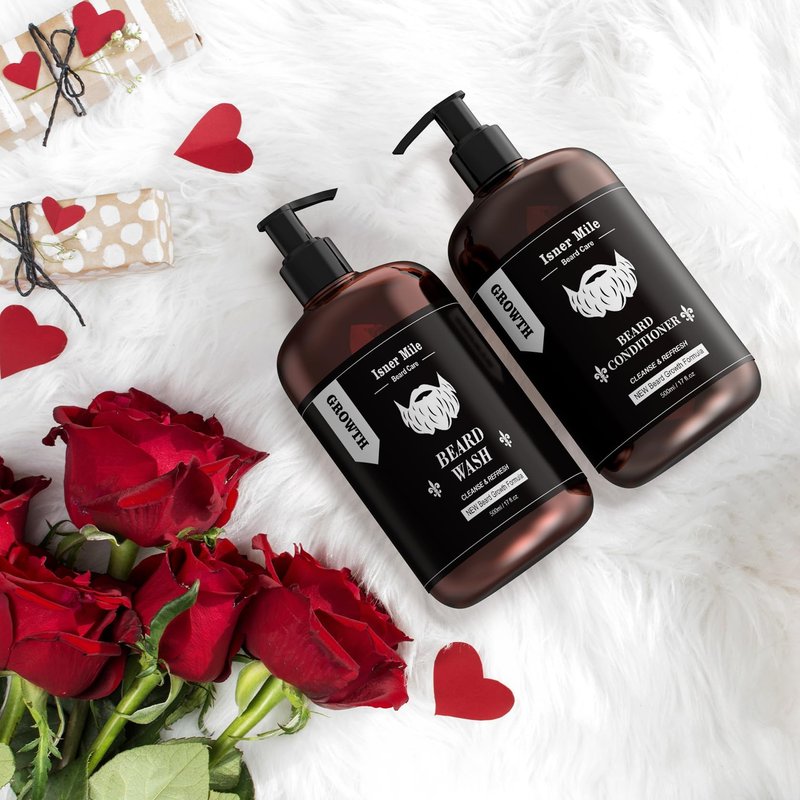 ISNER MILE Beard Wash and Conditioner Set 17 oz New Formula with Biotin Argan & Jojoba Oils Smooth Soften Strengthen Shampoo with Oil Gifts for Men