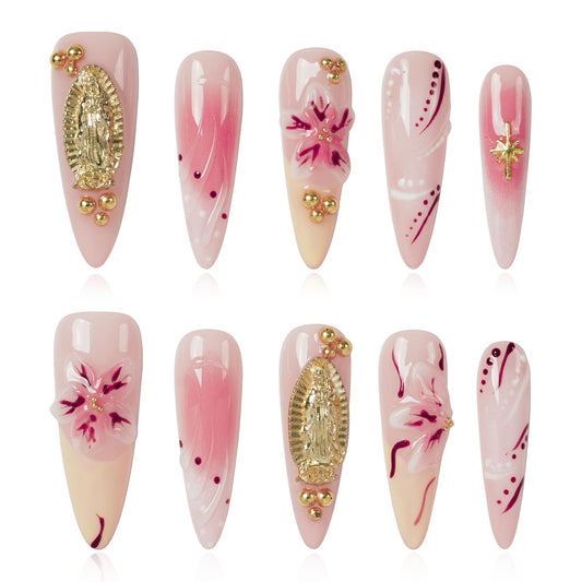 Tesytto Handmade Press on Nails Long Stiletto - Virgin Mary 3D Gold Charm Pink Ombre Lily Flower Fake Nails, Reusable Acrylic Nail Art Kit for Women, 10Pcs (Blush Gilded Gold,S)