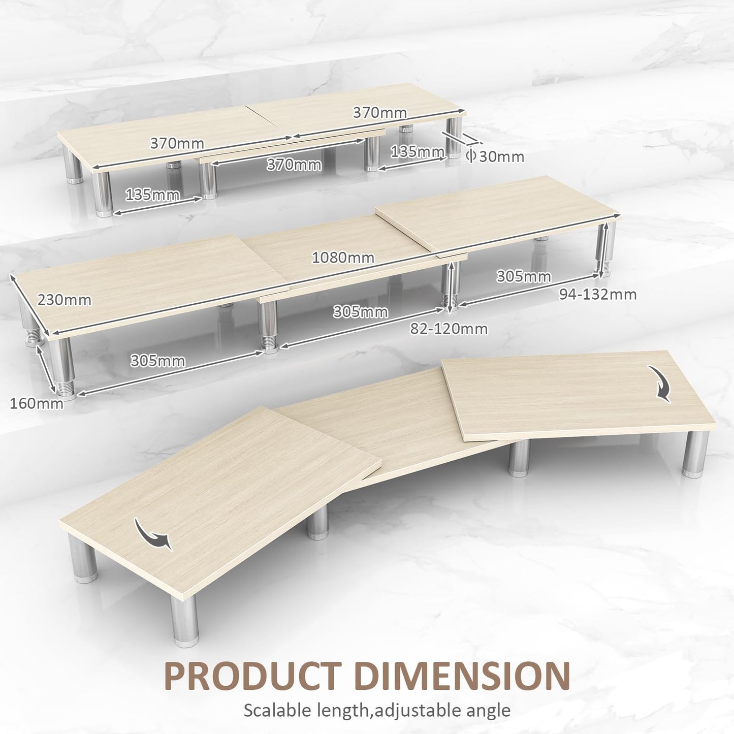 AX Waber Dual Monitor Riser - Adjustable Length & Angle, Wooden Stand for 2 Monitors with Storage