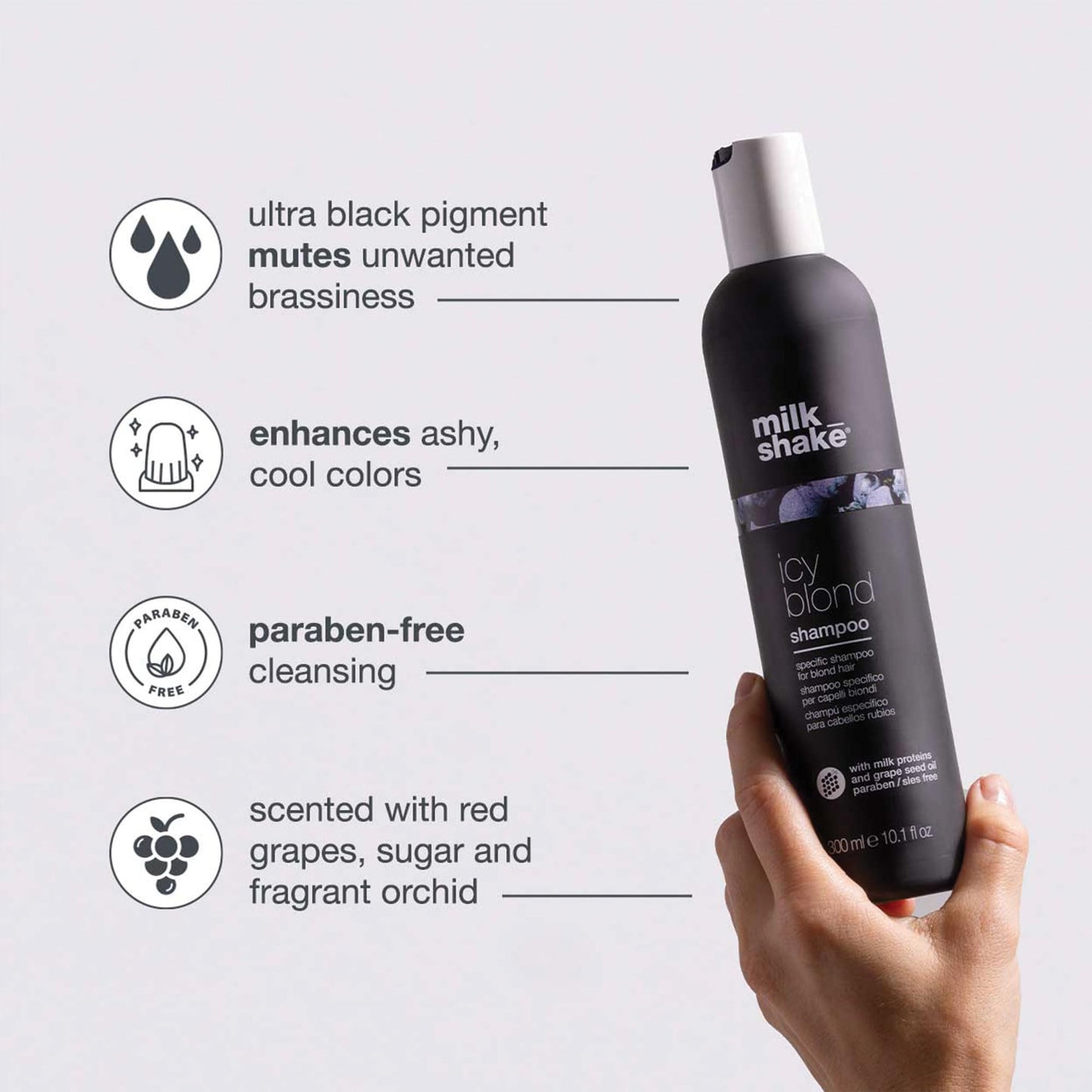 milk_shake icy blond shampoo | award winning shampoo with black pigment to cool brassy tones and enhance platinum blonde hair | ideal for maintaining icy, ash-toned color 33.8 fl oz