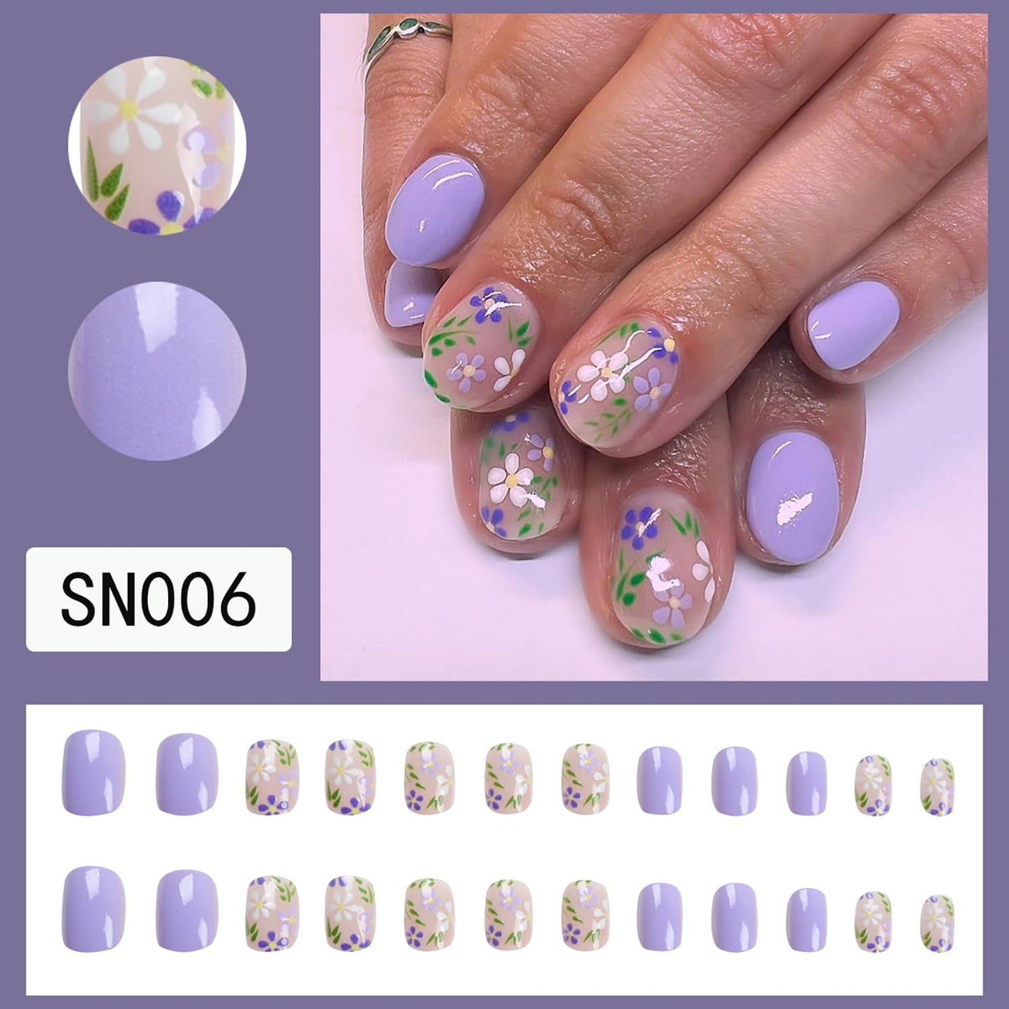 Press on Nails Short Length Flower False Nail with White Flower Green Leaves Design Purple Full Cover Glossy Acrylic Fingernails Oval Artificial Stick on Nail Reusable Glue on Nails for Women 24Pcs