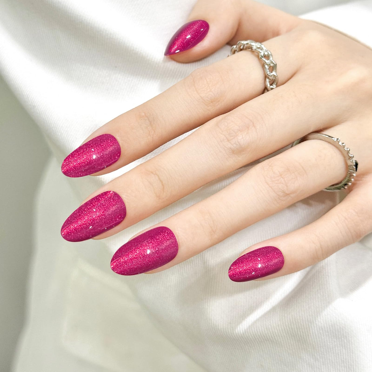 Rose Red Almond Cat Eyes Press On Nails,12 Sizes - 24 Pcs Soft Gel Red Medium Fake Nails Kit with Nail Glue, Natural Reusable Stick On False Nails for Women and Girls SK1024