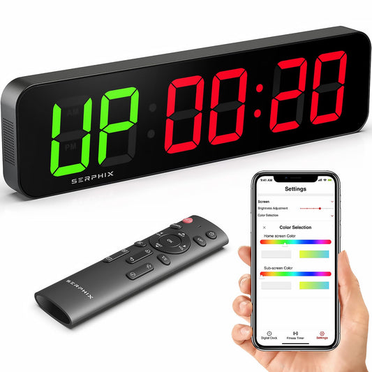 SERPHIX 15.2" Gym Timer, App & Remote Control, Customizable LED Colors, Workout Interval Timer Stopwatch Countdown Large Digital Wall Clock for Home Gym