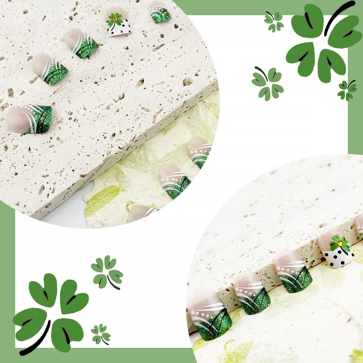24Pcs St. Patrick's Day French Tip Press on Nails Short Square White Fake Nails Green Shamrock with Gold Rhinestones Nails Design Nude Glossy Full Cover Irish Glue on Nails Stick on Nails for Women