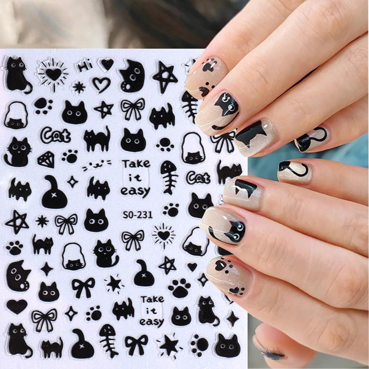 Cat Nail Stickers - 8 Sheets Cute 3D Self Adhesive Gold Silver Black White Cat Design Decals for Kids, Girls, Women DIY Nail Decoration
