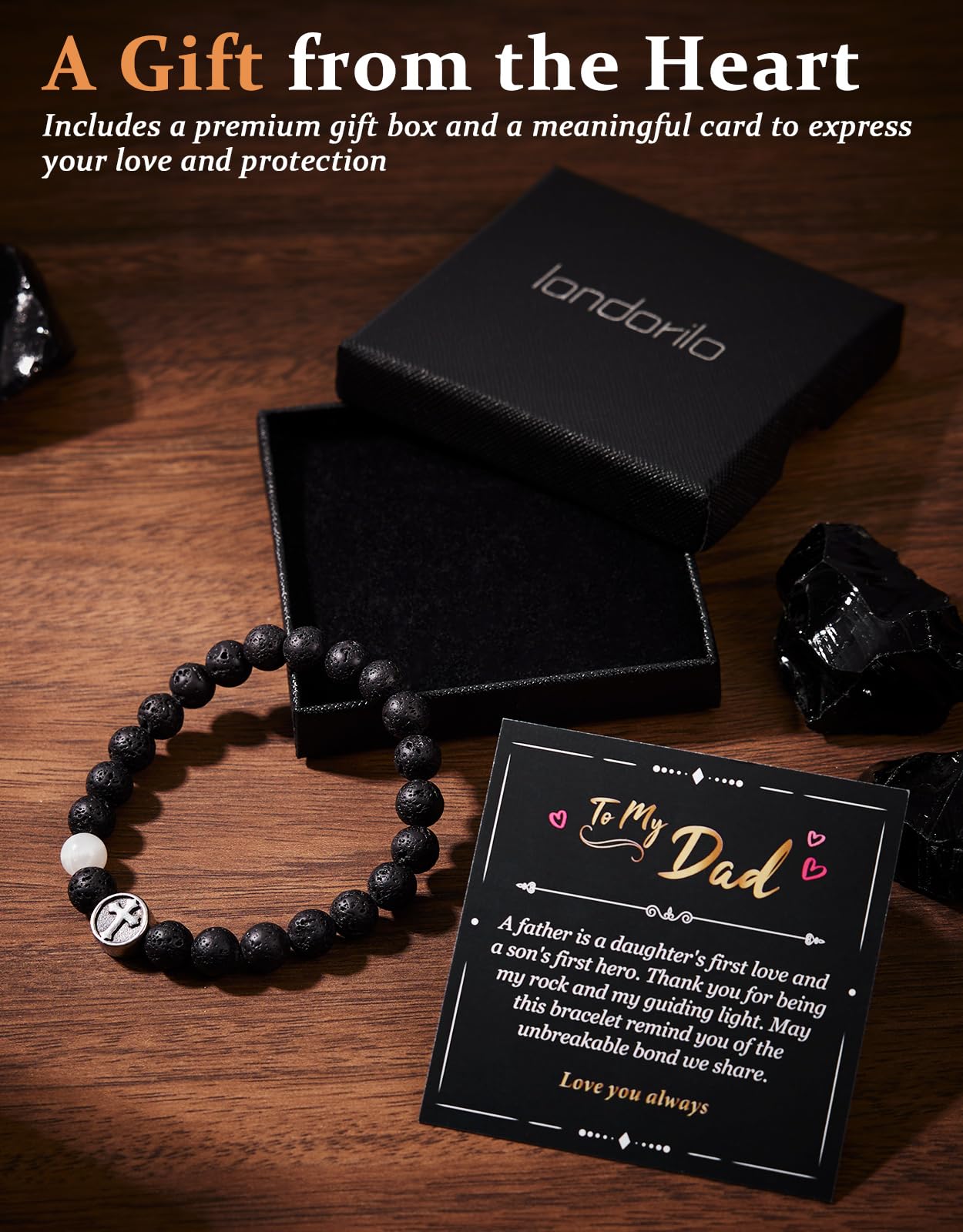 Landorilo Gifts for Men, 8mm Cross Natural Stone Beaded Bracelets, Volcanic Rock Healing Bracelet, Handmade Mens Jewelry Gift for Him, Husband, Son, Father, Friend(To My Son-8.3in)