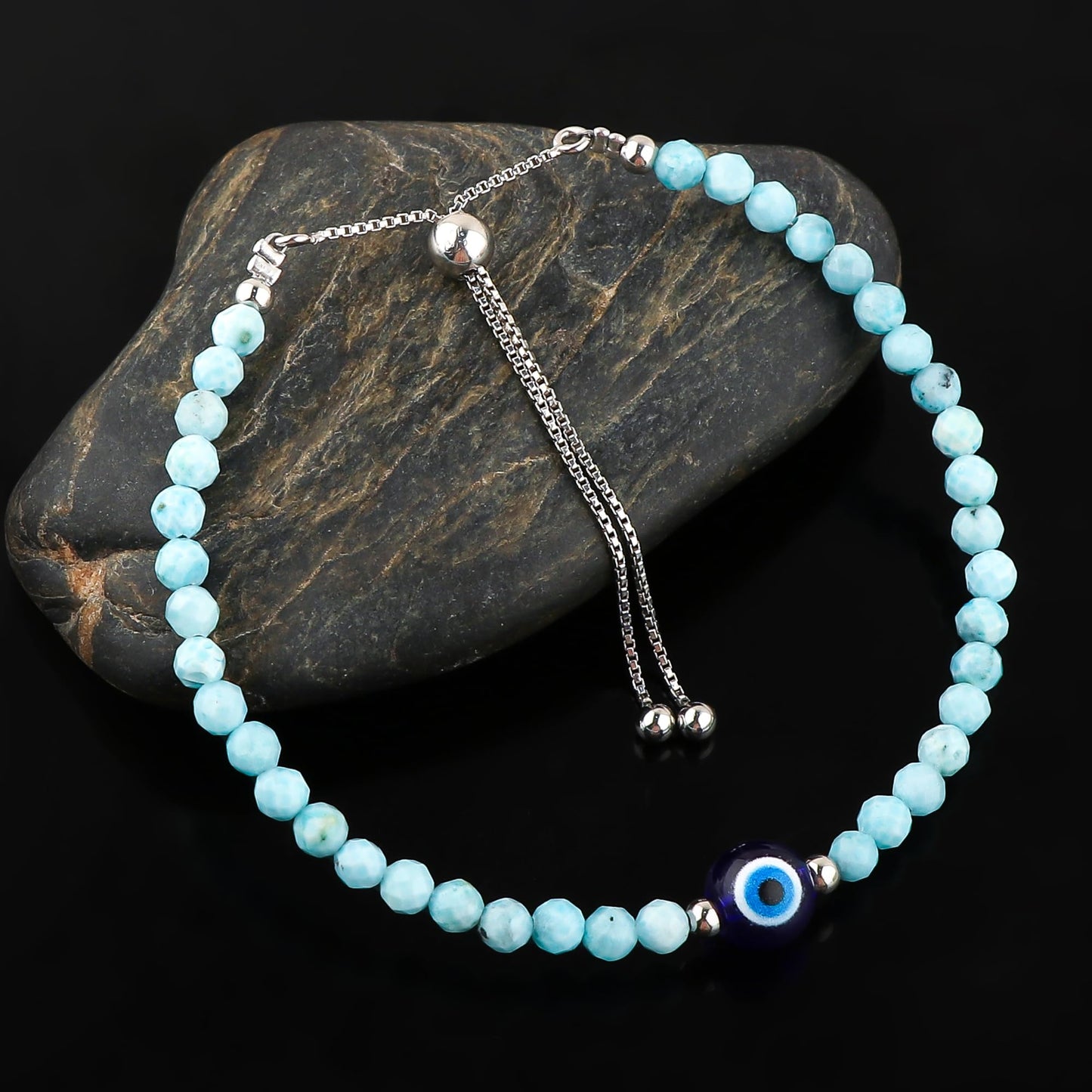 CRYSTALIS Natural Sea Larimar, Pectolite, Evil Eye, Pearl Beads Slider Bracelet for Relationship Protection, Chakra Healing Gemstone, Women Jewelry with 925 Sterling Silver Slider 10 inch