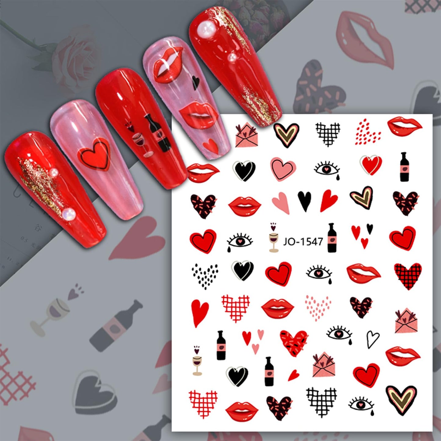 12 Sheets Valentine's Day Nail Sticker for Nails Art 3D Embossed Self-Adhesive Pink Red Love Heart Lips Valentine's Day Nail Decal Design Supplies for Women DIY Manicure Art Decoration YX1241