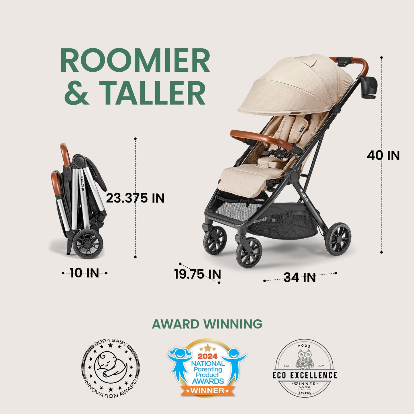 Bombi Bēbee V2 Lightweight Baby Stroller - Premium Vegan Leather, One-Hand Fold, Infinite Recline, Aircraft-Grade Aluminum Frame, XXL Canopy, and Ample Storage Umbrella Stroller - Sand
