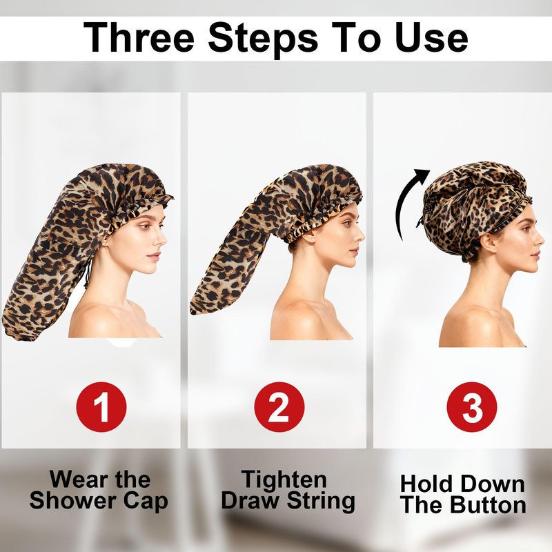ELEBOX 2 Pack Extra Large Shower Cap for Braids/Curly Hair/Dreadlock | Reusable Waterproof Long Bonnets for Women Shower/Cleaning/Spa | Bathing Cap with Adjustable Drawstring & Button, Black+Leopard
