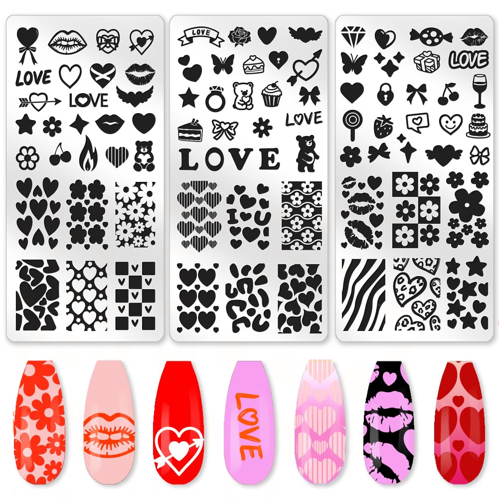 benikmake 3pcs Valentine's Day Nail Plate Stamping Heart Cherry Flower Nail Printing Stainless Stencil for Holiday Decor Manicure Salon 6x12cm 2.36x4.7inch