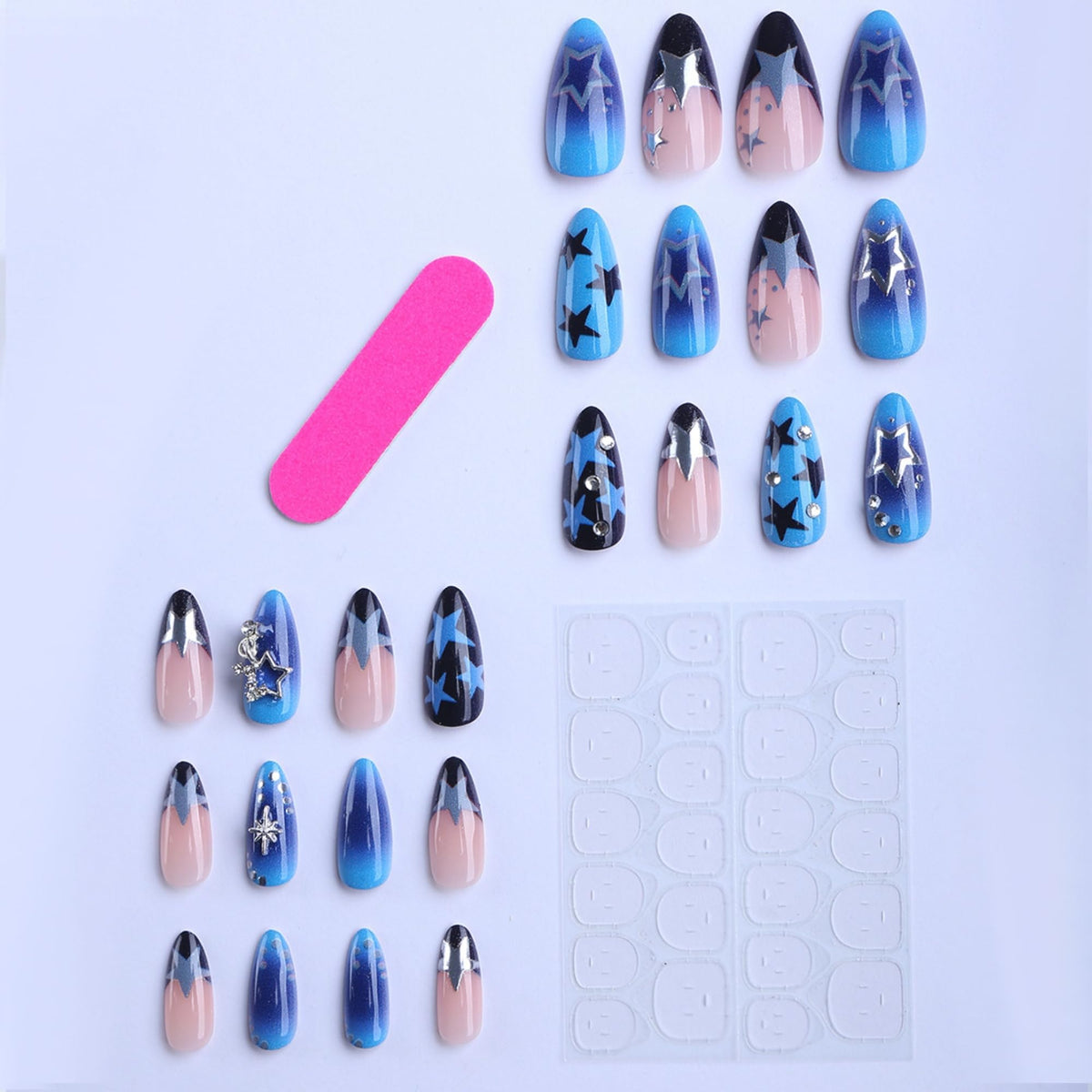 Octoswave Almond Long Press on Nails Y2K Blue Starry Design, Fake Nails with 3D Silver Stars & Charms, 24 Pcs Acrylic Nails for Women, Reusable with Jelly Adhesive for Party & Events